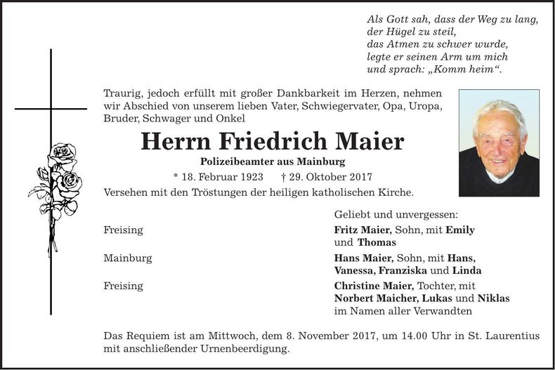 Traueranzeige Friedrich Maier