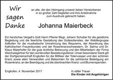 Traueranzeige Johanna Maierbeck
