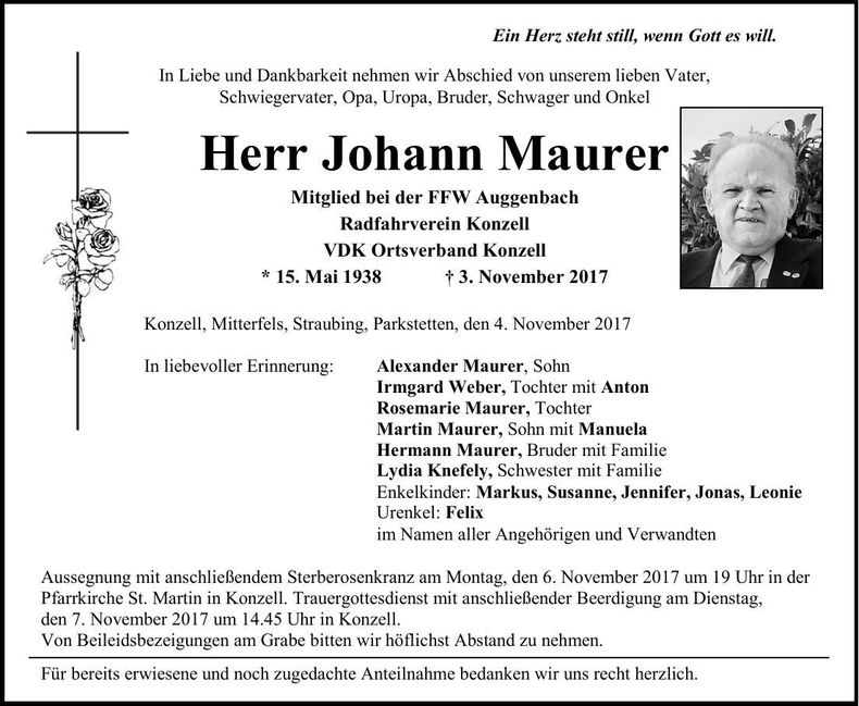Traueranzeige Johann Maurer