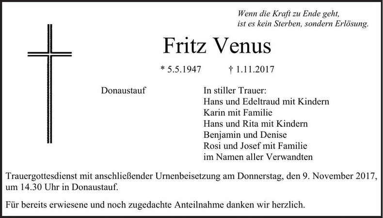 Traueranzeige Fritz Venus