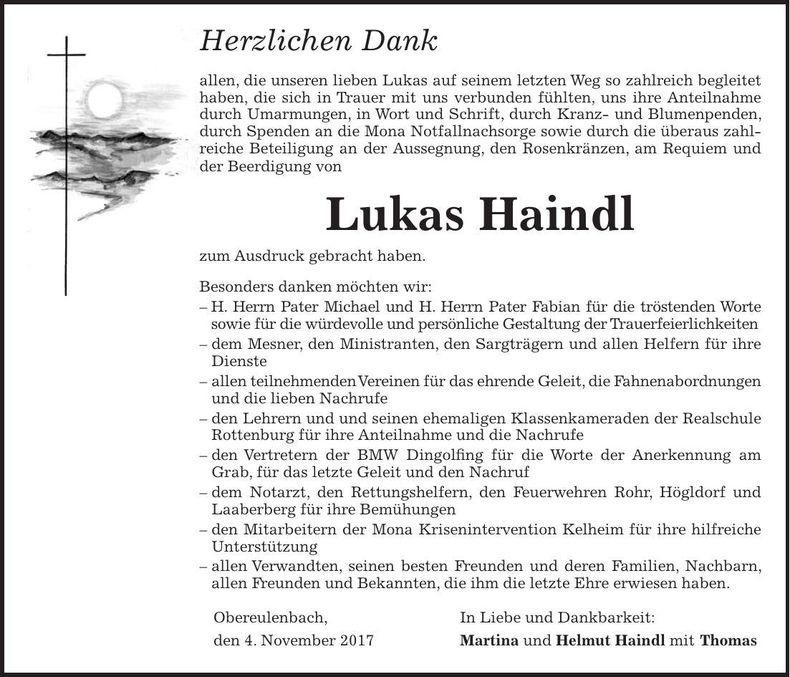 Traueranzeige Lukas Haindl