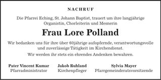 Traueranzeige Lore Polland