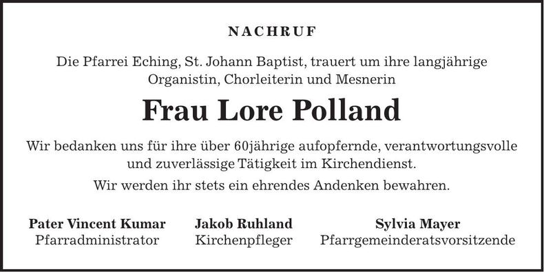 Traueranzeige Lore Polland