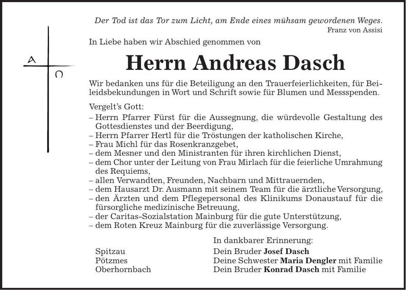 Traueranzeige Andreas Dasch