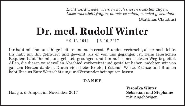 Traueranzeige Dr. med. Rudolf Winter