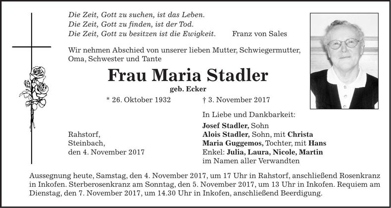 Traueranzeige Maria Stadler