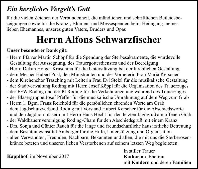 Traueranzeige Alfons Schwarzfischer