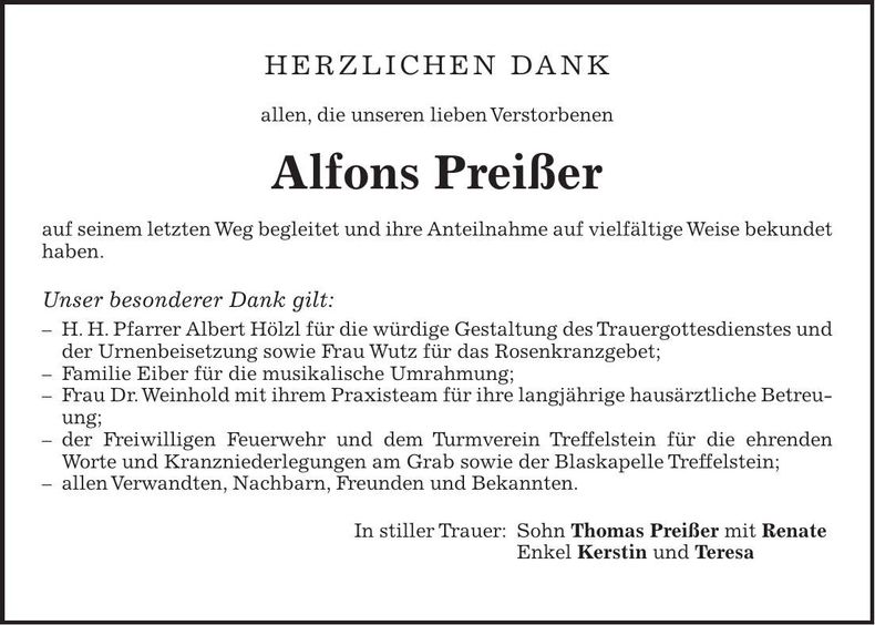 Traueranzeige Alfons Preißer