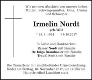 Traueranzeige Irmelin Nordt