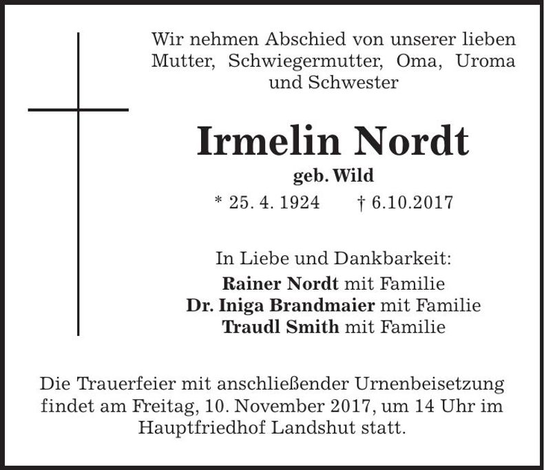 Traueranzeige Irmelin Nordt