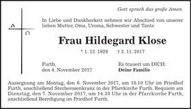 Traueranzeige Hildegard Klose