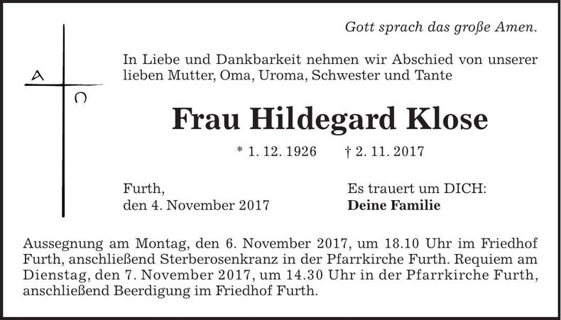 Traueranzeige Hildegard Klose