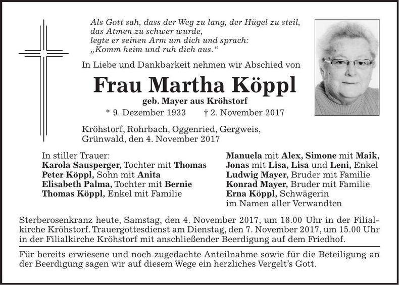 Traueranzeige Martha Köppl