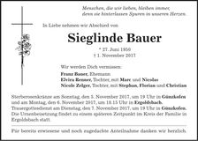 Traueranzeige Sieglinde Bauer