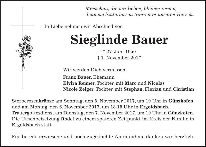 Traueranzeige Sieglinde Bauer