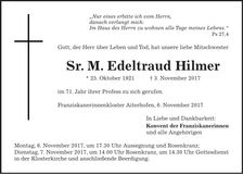 Traueranzeige Sr. M. Edeltraud Hilmer
