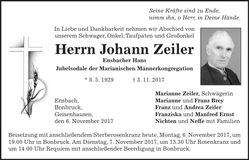 Traueranzeige Johann Zeiler