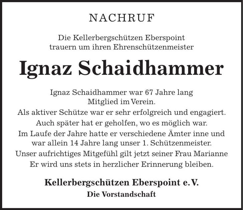 Traueranzeige Ignaz Schaidhammer