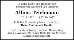 Traueranzeige Alfons Teichmann