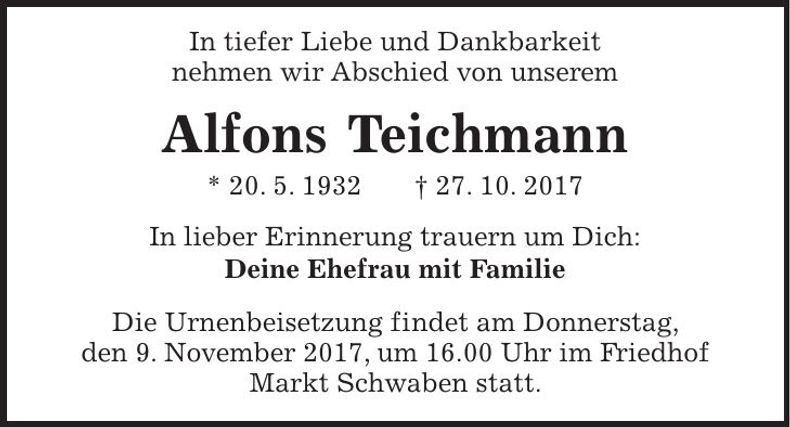 Traueranzeige Alfons Teichmann