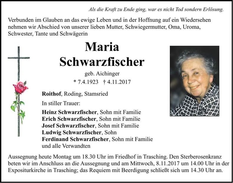 Traueranzeige Maria Schwarzfischer
