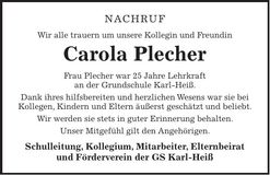 Traueranzeige Carola Plecher