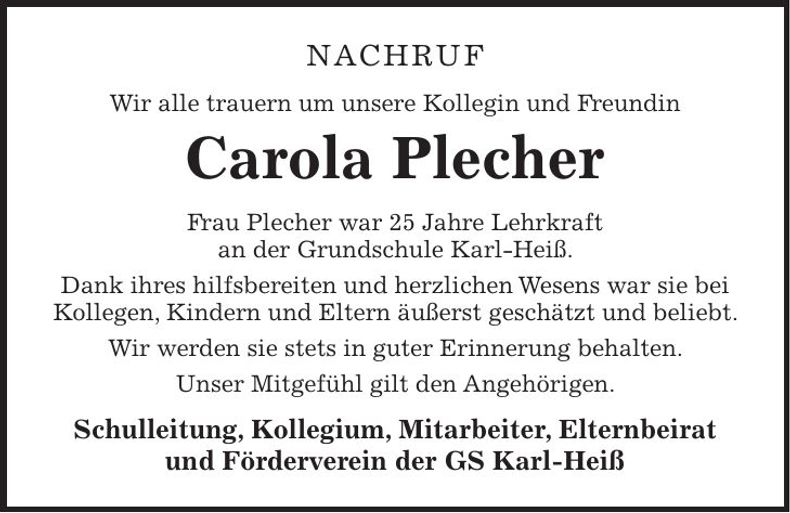 Traueranzeige Carola Plecher