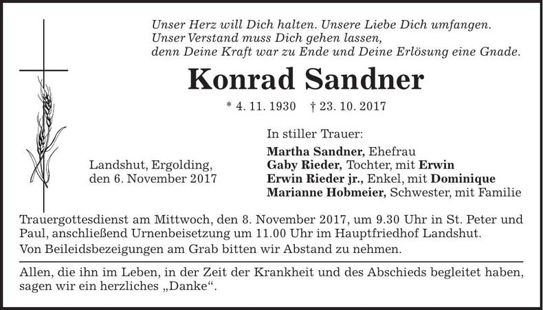 Traueranzeige Konrad Sandner