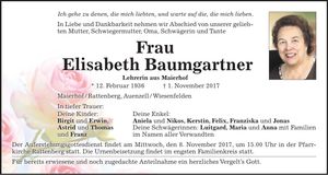 Traueranzeige Elisabeth Baumgartner