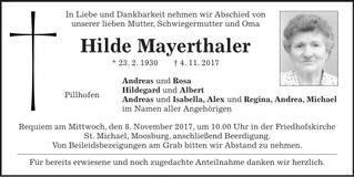 Traueranzeige Hilde Mayerthaler