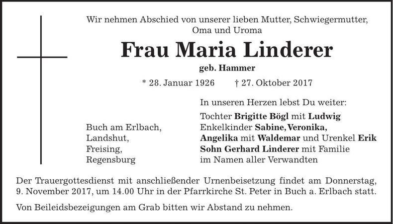 Traueranzeige Maria Linderer