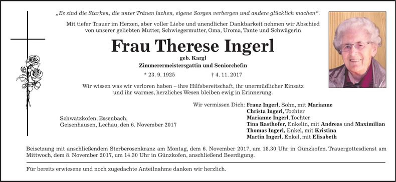 Traueranzeige Therese Ingerl