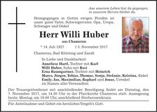 Traueranzeige Willi Huber