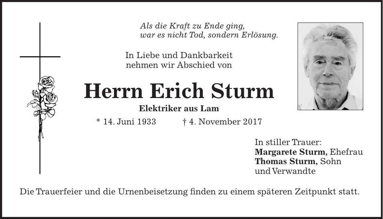 Traueranzeige Erich Sturm