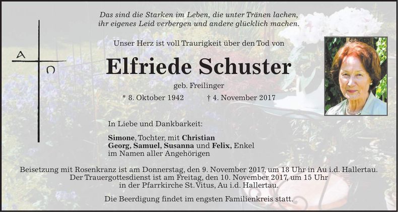 Traueranzeige Elfriede Schuster