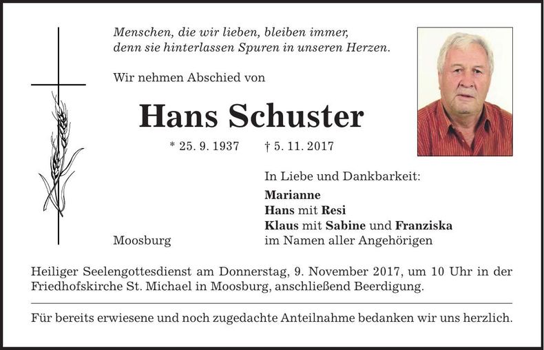 Traueranzeige Hans Schuster