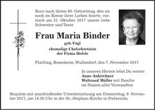 Traueranzeige Maria Binder