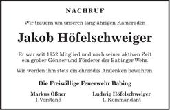 Traueranzeige Jakob Höfelschweiger
