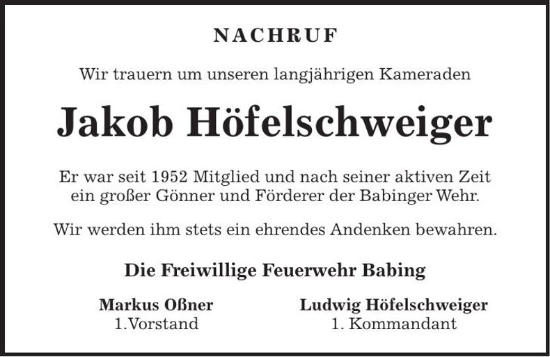 Traueranzeige Jakob Höfelschweiger