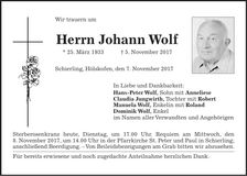 Traueranzeige Johann Wolf