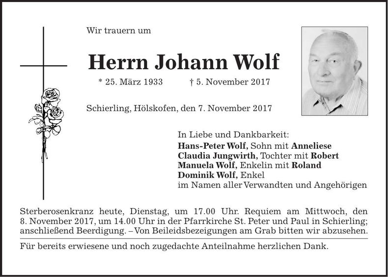 Traueranzeige Johann Wolf
