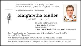 Traueranzeige Margaretha Müller