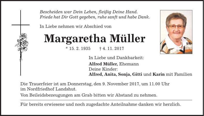 Traueranzeige Margaretha Müller