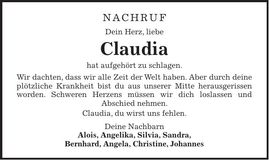 Traueranzeige Claudia ...