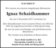 Traueranzeige Ignaz Schaidhammer