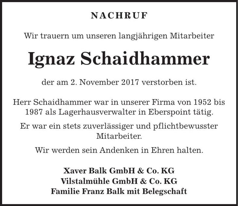 Traueranzeige Ignaz Schaidhammer