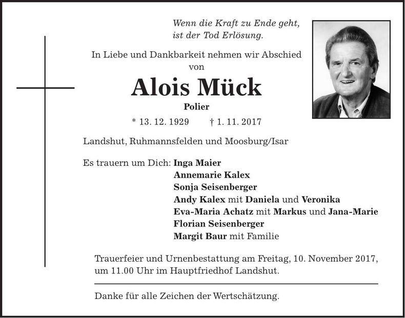 Traueranzeige Alois Mück