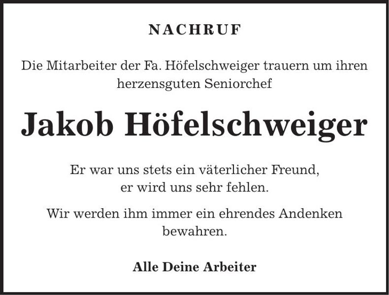 Traueranzeige Jakob Höfelschwaiger