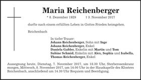 Traueranzeige Maria Reichenberger