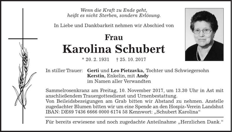 Traueranzeige Karolina Schubert